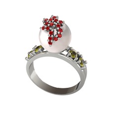 Afra İnci Yüzük - Inci, garnet ve peridot 8 ayar beyaz altın yüzük #1azd6xt