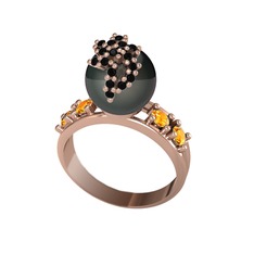 Afra İnci Yüzük - Siyah inci, siyah zirkon ve sitrin 8 ayar rose altın yüzük #1bd3wvr