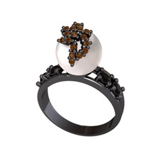 Afra İnci Yüzük - Inci, dumanlı kuvars ve siyah zirkon 925 ayar siyah rodyum kaplama gümüş yüzük #1bfyps5