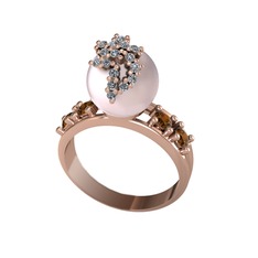 Afra İnci Yüzük - Pembe inci, swarovski ve dumanlı kuvars 14 ayar rose altın yüzük #1c3gp02