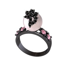 Afra İnci Yüzük - Pembe inci, siyah zirkon ve pembe kuvars 925 ayar siyah rodyum kaplama gümüş yüzük #1d02y8x