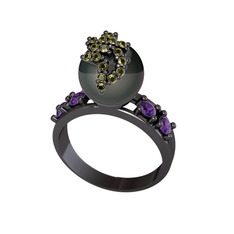 Afra İnci Yüzük - Siyah inci, peridot ve ametist 925 ayar siyah rodyum kaplama gümüş yüzük #1dlmnzp