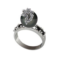 Afra İnci Yüzük - Siyah inci, swarovski ve siyah zirkon 18 ayar beyaz altın yüzük #1eo1gx2
