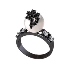 Afra İnci Yüzük - Inci, siyah zirkon ve swarovski 925 ayar siyah rodyum kaplama gümüş yüzük #1evf86v