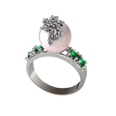 Afra İnci Yüzük - Pembe inci, swarovski ve yeşil kuvars 14 ayar beyaz altın yüzük #1f9iqnw