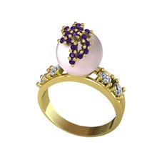 Afra İnci Yüzük - Pembe inci, ametist ve swarovski 8 ayar altın yüzük #1fc4m4k