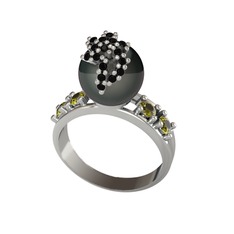 Afra İnci Yüzük - Siyah inci, siyah zirkon ve peridot 8 ayar beyaz altın yüzük #1g93jqv