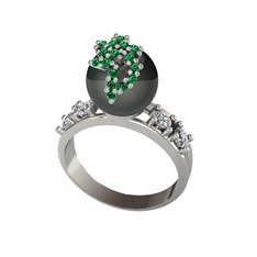 Afra İnci Yüzük - Siyah inci, yeşil kuvars ve swarovski 14 ayar beyaz altın yüzük #1galaqp