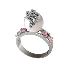 Inci, swarovski ve pembe kuvars 18 ayar beyaz altın yüzük