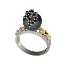 Afra İnci Yüzük - Siyah inci, siyah zirkon ve sitrin 14 ayar beyaz altın yüzük #1gkf51g