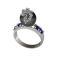 Afra İnci Yüzük - Siyah inci, swarovski ve lab safir 14 ayar beyaz altın yüzük #1gtgibm