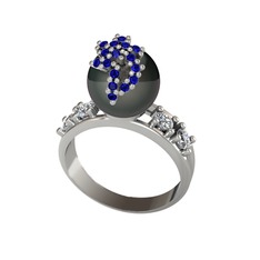 Siyah inci, lab safir ve swarovski 8 ayar beyaz altın yüzük