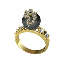 Afra İnci Yüzük - Siyah inci, beyaz zirkon ve swarovski 14 ayar altın yüzük #1i80n81