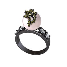 Afra İnci Yüzük - Pembe inci, peridot ve swarovski 925 ayar siyah rodyum kaplama gümüş yüzük #1ilvmdv