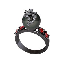 Siyah inci, swarovski ve garnet 925 ayar siyah rodyum kaplama gümüş yüzük
