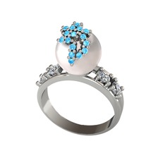 Inci, akuamarin ve swarovski 8 ayar beyaz altın yüzük