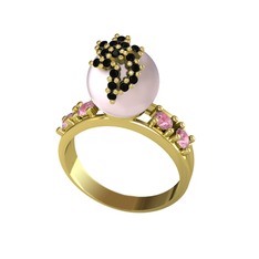 Afra İnci Yüzük - Pembe inci, siyah zirkon ve pembe kuvars 8 ayar altın yüzük #1jdur1z