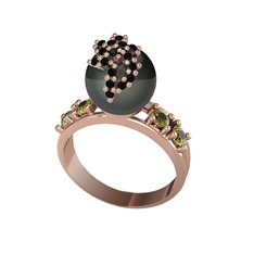 Afra İnci Yüzük - Siyah inci, siyah zirkon ve peridot 8 ayar rose altın yüzük #1kf1eld