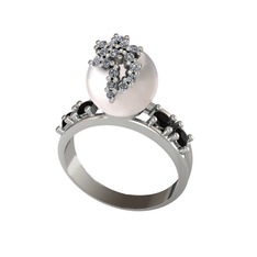 Afra İnci Yüzük - Inci, beyaz zirkon ve siyah zirkon 18 ayar beyaz altın yüzük #1kse4f3