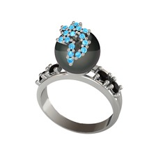 Afra İnci Yüzük - Siyah inci, akuamarin ve siyah zirkon 8 ayar beyaz altın yüzük #1l2pqlv