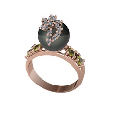 Siyah inci, pırlanta ve peridot 14 ayar rose altın yüzük (0.176 karat)