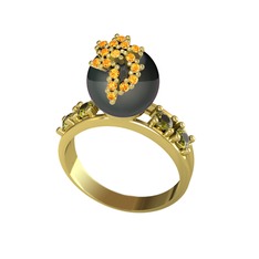 Afra İnci Yüzük - Siyah inci, sitrin ve peridot 14 ayar altın yüzük #1lqsvgh