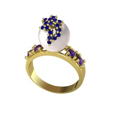 Afra İnci Yüzük - Inci, lab safir ve ametist 18 ayar altın yüzük #1m351yd