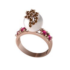 Afra İnci Yüzük - Inci, dumanlı kuvars ve rodolit garnet 18 ayar rose altın yüzük #1mbxosz