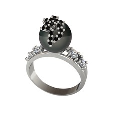 Afra İnci Yüzük - Siyah inci, siyah zirkon ve swarovski 8 ayar beyaz altın yüzük #1n4l2wv