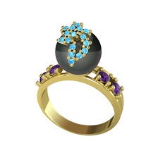 Afra İnci Yüzük - Siyah inci, akuamarin ve ametist 18 ayar altın yüzük #1n87v1l