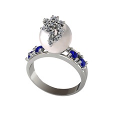 Afra İnci Yüzük - Inci, swarovski ve lab safir 8 ayar beyaz altın yüzük #1nbbh9g