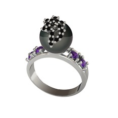 Siyah inci, siyah zirkon ve ametist 925 ayar gümüş yüzük
