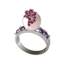 Afra İnci Yüzük - Pembe inci, rodolit garnet ve ametist 8 ayar beyaz altın yüzük #1o9f7nl