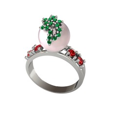 Pembe inci, yeşil kuvars ve garnet 8 ayar beyaz altın yüzük