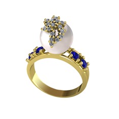 Afra İnci Yüzük - Inci, swarovski ve lab safir 925 ayar altın kaplama gümüş yüzük #1p61633