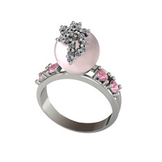 Afra İnci Yüzük - Pembe inci, pırlanta ve pembe kuvars 18 ayar beyaz altın yüzük (0.176 karat) #1pgzgj