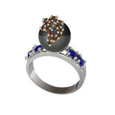Siyah inci, dumanlı kuvars ve lab safir 8 ayar beyaz altın yüzük
