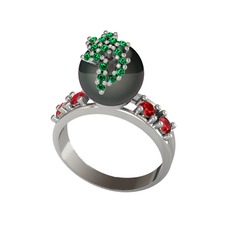 Afra İnci Yüzük - Siyah inci, yeşil kuvars ve garnet 18 ayar beyaz altın yüzük #1qc7m9u