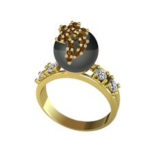 Siyah inci, dumanlı kuvars ve beyaz zirkon 8 ayar altın yüzük