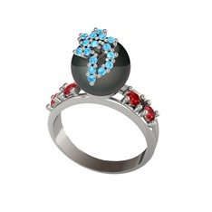 Siyah inci, akuamarin ve garnet 8 ayar beyaz altın yüzük