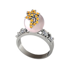 Afra İnci Yüzük - Pembe inci, sitrin ve beyaz zirkon 14 ayar beyaz altın yüzük #1qvff8p