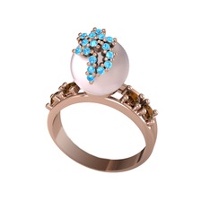 Afra İnci Yüzük - Pembe inci, akuamarin ve dumanlı kuvars 8 ayar rose altın yüzük #1r2jiyg