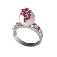 Afra İnci Yüzük - Pembe inci, rodolit garnet ve pembe kuvars 8 ayar beyaz altın yüzük #1rimxck