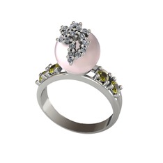 Afra İnci Yüzük - Pembe inci, swarovski ve peridot 14 ayar beyaz altın yüzük #1ripx1k