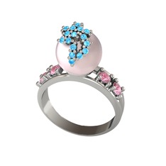 Afra İnci Yüzük - Pembe inci, akuamarin ve pembe kuvars 14 ayar beyaz altın yüzük #1rsvfea