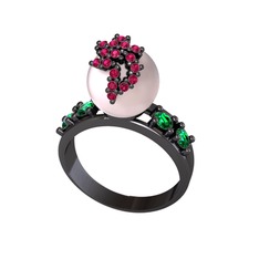 Afra İnci Yüzük - Pembe inci, rodolit garnet ve yeşil kuvars 925 ayar siyah rodyum kaplama gümüş yüzük #1ruejwf