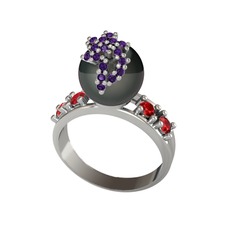 Siyah inci, ametist ve garnet 8 ayar beyaz altın yüzük