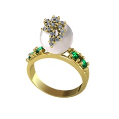 Afra İnci Yüzük - Inci, swarovski ve yeşil kuvars 8 ayar altın yüzük #1sdbxan