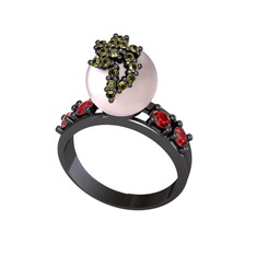 Pembe inci, peridot ve garnet 925 ayar siyah rodyum kaplama gümüş yüzük