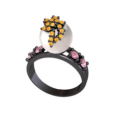 Afra İnci Yüzük - Inci, sitrin ve pembe kuvars 925 ayar siyah rodyum kaplama gümüş yüzük #1t6yw33